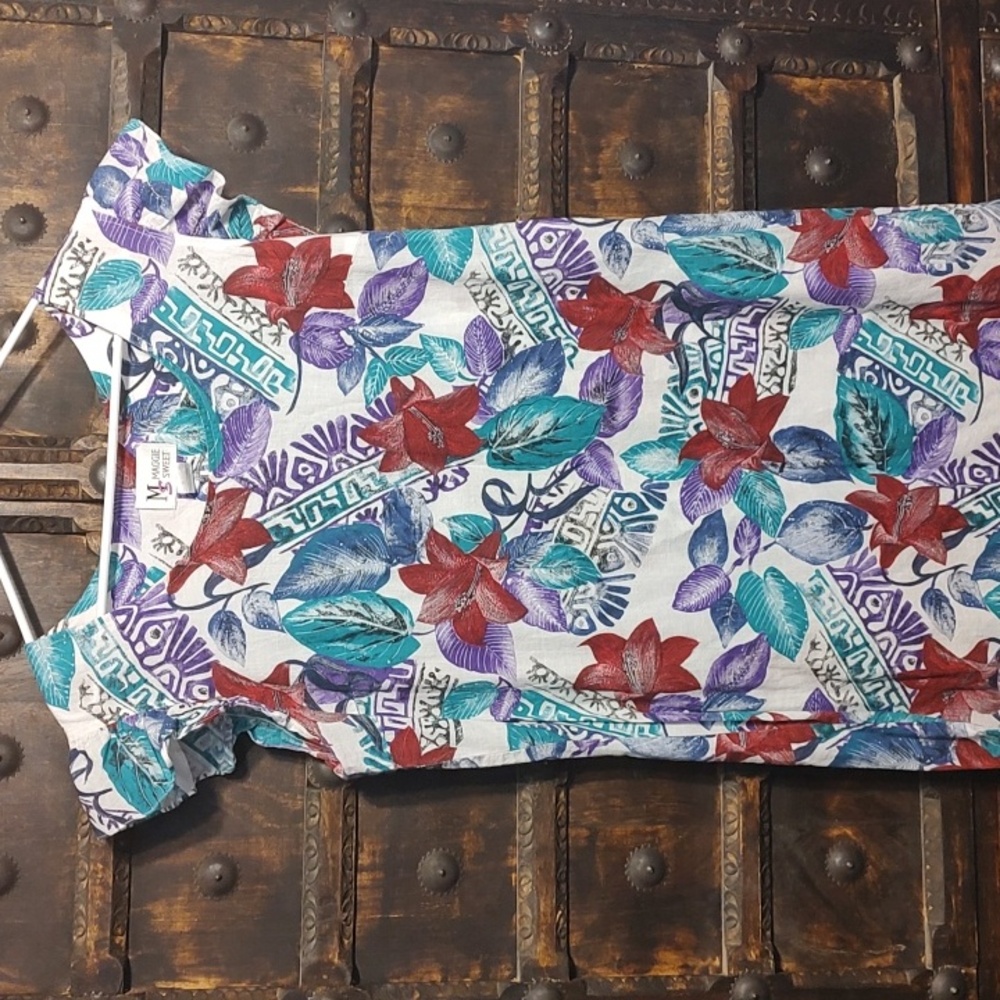 Maggie Sweet Vintage 100% Cotton Floral Hawaiian Dress Ruffle Sleeves Cap